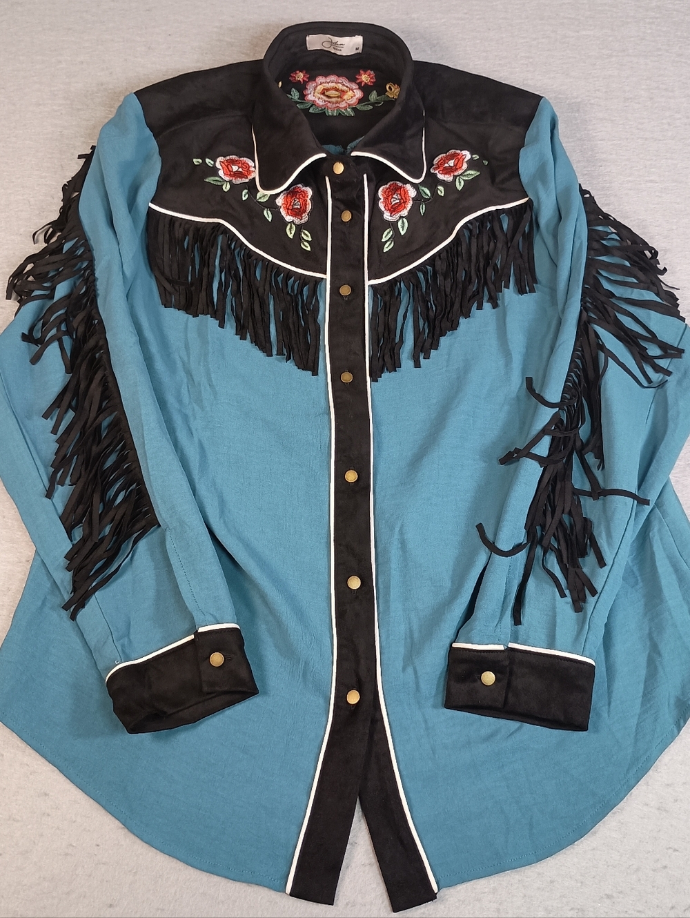 John Moon Fringe Western Floral Embroidery Rodeo Cowboy Chic Rustic Size M Shirt